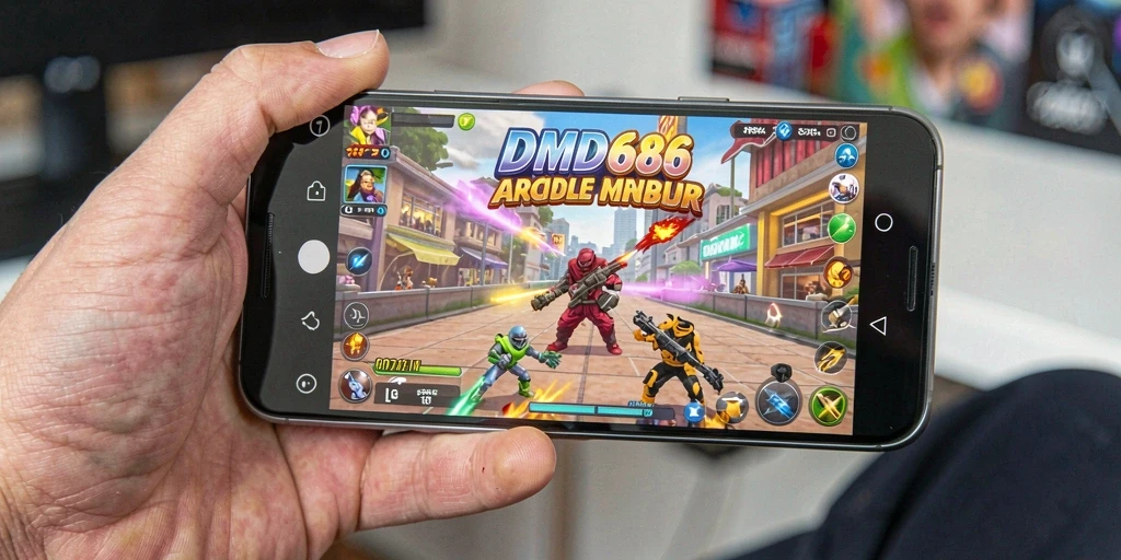 Screenshot gameplay DMD686 menampilkan aksi seru di arena arcade.