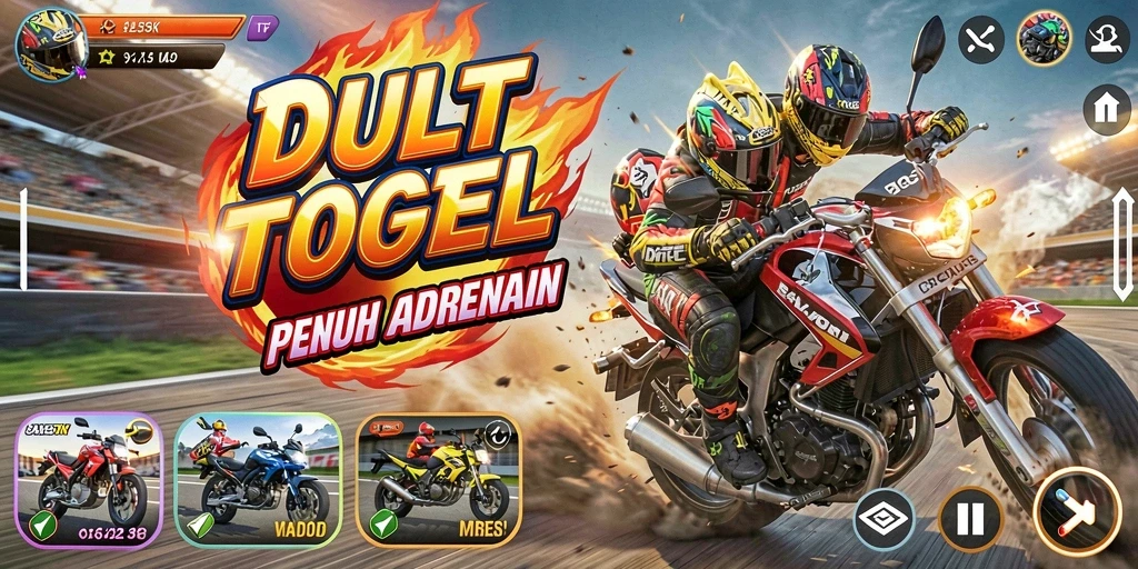 Screenshot DULTOGEL menampilkan aksi balapan motor yang seru dan mendebarkan.