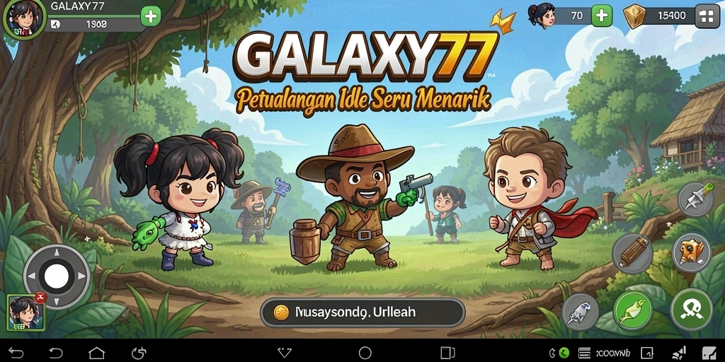 Tampilan karakter dan planet di GALAXY77 dengan grafis menakjubkan.