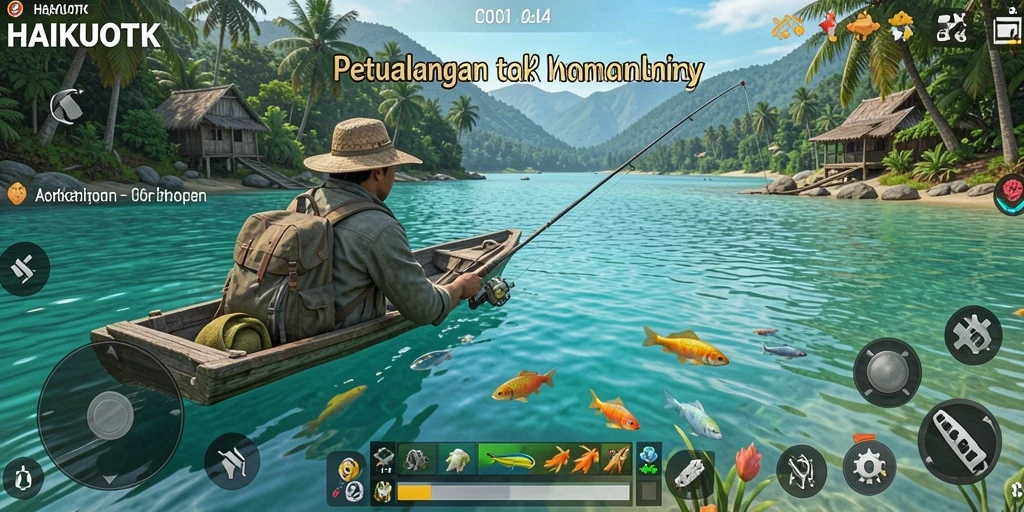 Screenshot gameplay HAIKUOTK yang menunjukkan pengalaman memancing yang mendebarkan.