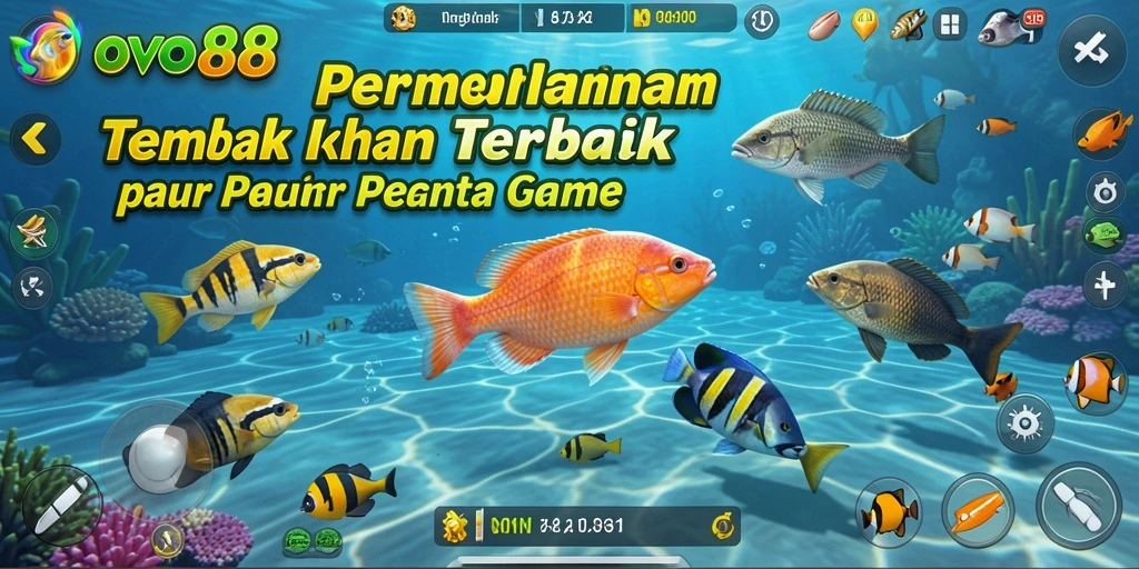 Screenshot OVO88 menampilkan aksi seru menangkap ikan berwarna-warni.