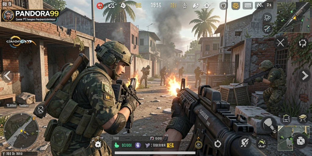 Tangkapan layar PANDORA99 menampilkan aksi intens dalam gameplay FPS.