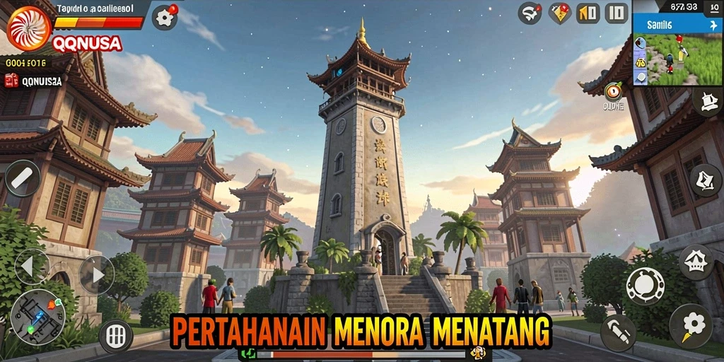 Screenshot utama QQNUSA menampilkan aksi pertahanan menara yang seru.
