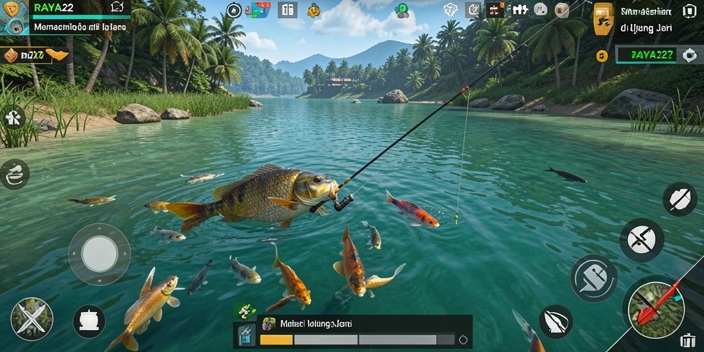 Screenshot gameplay RAYA22 menampilkan aksi memancing yang mendebarkan.