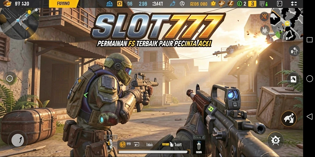 Screenshot menunjukkan aksi intens dalam gameplay FPS SLOT777.